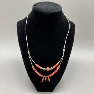 Vintage Liquid Silver Necklace Fossil Coral Goldstone Southwestern Jewelry 19"